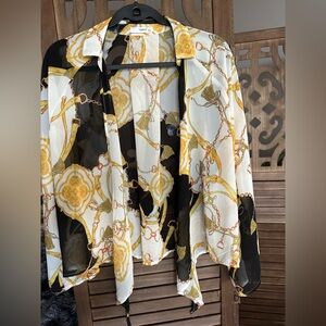 Chic Sheer Chain Print Blouse- Open Front- Size L
